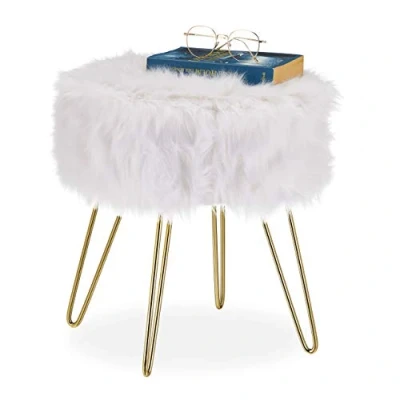 Image de Relaxdays Tabouret en Fourrure, synthétique, Structure métallique, Ronde, Moelleuse, élégant HxD 40x38 cm, Blanc/doré