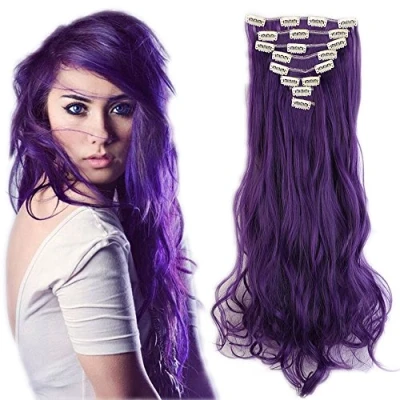 Image de SEGO Extension Clip Cheveux Synthétique Bouclé Rajout Clips pas Cher Ondulé [8 Meches 18 Clips] 60cm, Bleu Violet