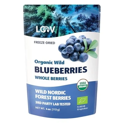 Image de bleuets bio sauvages séchés de LOOV, aucun sucre ajouté, aucune huile ajoutée, 4 onces, Bleuet sauvage lyophilisé des forêts nordiques, 100% entiers, non OGM, fruit sec sucré