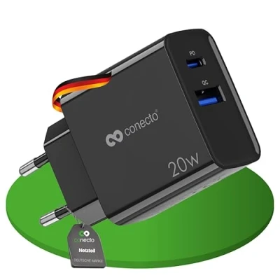Image de conecto Chargeur USB C, Alimentation USB, 2 Ports, 1x C 20 Watts Max. PD, A 18 Max., Rapide, de téléphone Portable, détection Automatique du Courant Charge, Noir
