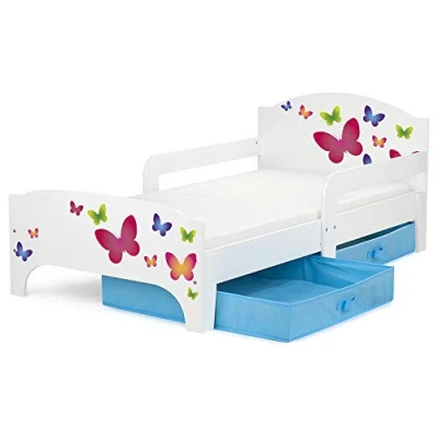Image de Leomark Moderne Smart Lit d&#039;Enfant Toddler 140x70 Motif: Papillons Confortable Fonctionnel Simple Avec Un Tiroir Pour Enfant Rangement et Matelas (140x70 cm) Grand En Textile 2 Pièces