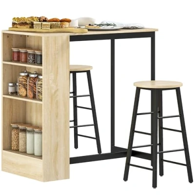 Image de Ensemble table de bar avec tabourets HOMCOM compartiments ouverts, étagère réglable et repose pieds, chêne noir