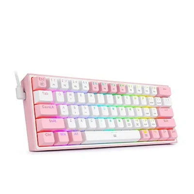 Image de Redragon Clavier mécanique Gaming K617 Fizz RGB 60 % Interrupteurs rouges Distribution anglaise US Câble USB de jeu 61 touches Blanc et rose