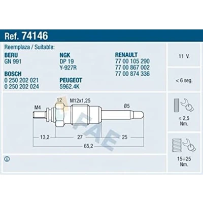 Image de FAE 74146 Bougie de préchauffage 11V M12x125 RENAULT: CLIO 1, Rapid, MEGANE 1