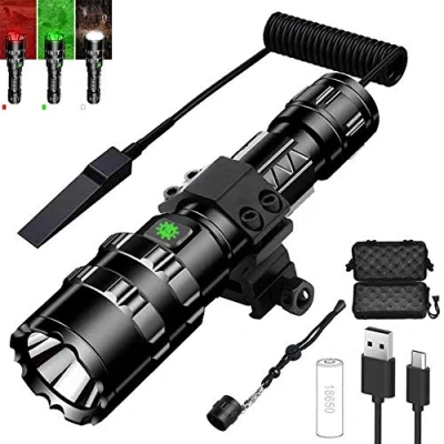 Image de OSMARI lampe torche tactique LED rechargeable 1600 lumens 5 modes, avec support sur rail Picatinny, interrupteur de pression（Lumière verte）