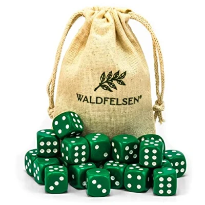 Image de Waldfelsen Lot de 6, 12, 20, 30 ou 50 Dés haute qualité taille standard 16 mm en acrylique jeu Dice à 6 côtés Accessoires six avec sac tissu (vert, 20 pièces)