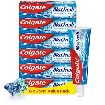 Image de Colgate Max Fresh cristaux fraîcheur menthe Dentifrice au fluor Sensation +10x plus longue* Haleine fraîche Dents blanches aux de Tube recyclable* 6 X 75ml