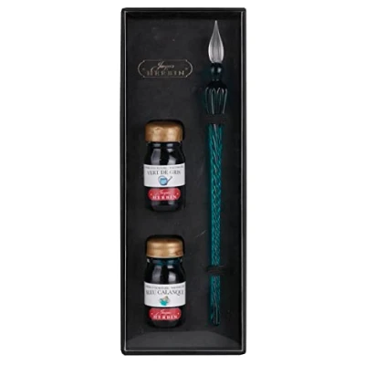 Image de Jacques Herbin 29337T Coffret avec 2 encres 10 ml, Vert de gris et Bleu calanque, une plume verre émeraude Fabriqué en France