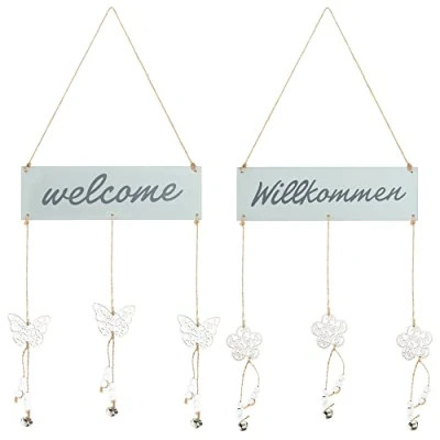 Image de com four® 2X accroche Portes Willkommen et Welcome avec Fleurs Papillons Suspendus en Bois pour Le Printemps, Pâques l&#039;été (02 pièces Menthe)
