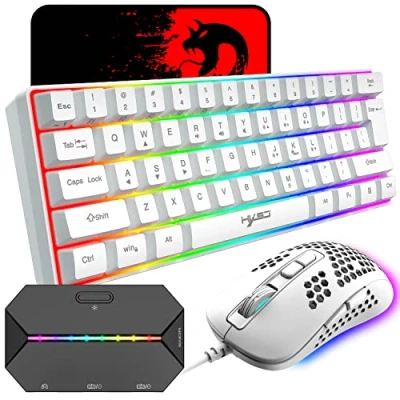 Image de KUIYN Clavier de Jeu Compact Filaire 60% 61 Touches 11 complètes rétroéclairées RVB Anti ghosting + Souris légère 2400 DPI Optique en nid d&#039;abeille Adaptateur