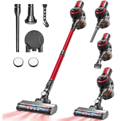 Image de VEGREM Aspirateur Balai Sans Fil 25Kpa, de 160W avec 2 Modes, Aspirateurs Balais et électriques Tube Télescopique, Lumières LED, Jusqu&#039;à 40 Minutes d&#039;Autonomie