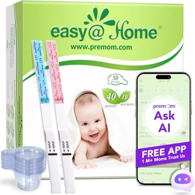 Image de Easy@Home 40 Tests d&#039;Ovulation + 10 de Grossesse 50 Gobelets à Urine, Test HCG Précoce mIU/mL en Bandelettes, Fonctionner avec l’Application PREMOM