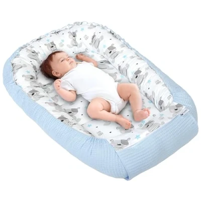 Image de Medi Partners Reducteur de lit Bébé Cocon 100x60x15cm 100% Coton Waffle Baby Nest Nouveau né Nid Bébés Oreiller Couverture Fermoir sécurisé (Teddy avec Un Bleu)