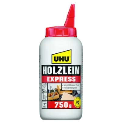 Image de UHU Colle à bois express Plus forte que le bois, résistante l&#039;humidité, D2, sans solvants, embout de précision, transparente, biberon 750g