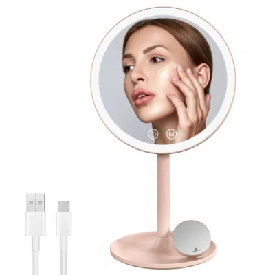 Image de EMKE Miroir de Maquillage avec éclairage, cosmétique LED 3 Couleurs lumière, Pratique grossissement 1/3x, luminosité Variable et Interrupteur Tactile (Rose)