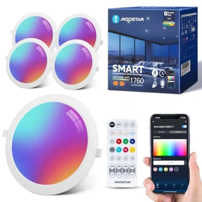 Image de Aigostar Spot LED Encastrable 18W Bluethooth Mesh, Smart Plafonnier Encastré Couleur Changement Compatible avec Alexa, RGB Dimmable et Blanche Réglable 2700 6500K, Ф200 220mm, 1760LM, IP44, 4 Pièces