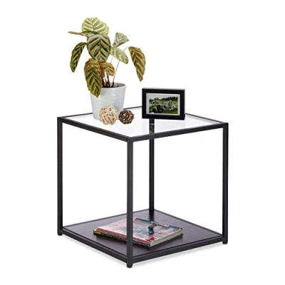 Image de Relaxdays, Noir d’appoint Carrée en Verre + Bois, Cadre Métal Robuste, Table basse de Salon HLP 50x50x50 cm, 50 x cm