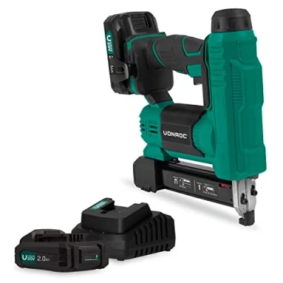 Image de VONROC Agrafeuse Cloueuse Sans Fil 20V 2 Batteries, 1000 Pièces d&#039;Agrafes 20mm et 25mm, Chargeur Inclus Taux Percussion 30 Clous/Agrafes par Minute LED intégrée, Réglable