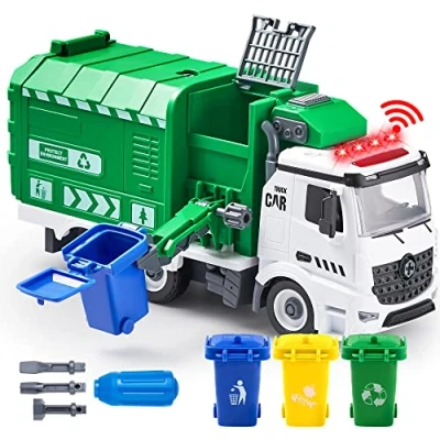 Image de JOYIN Jumbo Camion à ordures démonter alimenté par friction latérale avec lumière et sons, 3 poubelles, jouets tournevis, pour assemblage faire soi même
