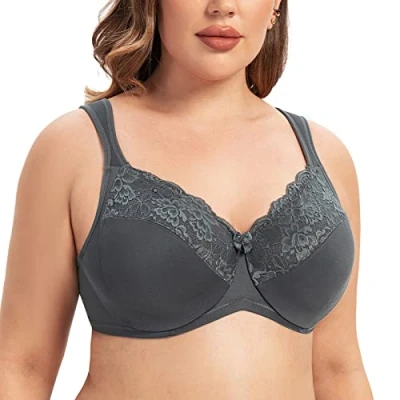 Image de MELENECA Femme Soutien Gorge Grande Taille Minimiseur Dentelle Couverture complète Sangle Coussin avec Armatures Anthracite 105H