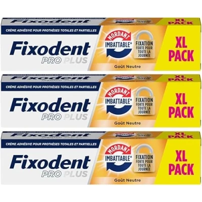 Image de Fixodent Pro plus Crème Adhésive pour prothèses Totales &amp; Partielles Mordant Imbattable 57g XL pack x 3