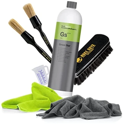 Image de detailmate Koch Chemie Green Star Kit de nettoyage universel 1 l + pinceau Nuke Guys Small &amp; Large brosse textile 2 chiffons en microfibre qualité supérieure 320 g/m² verre