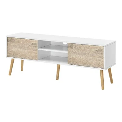 Image de Meuble TV Design Support Télé Banc avec 2 Portes et Étagères Panneau de Particules Mélaminé Pieds en Bois Revêtement PVC 120 x 30 47 cm Blanc Effet Chêne