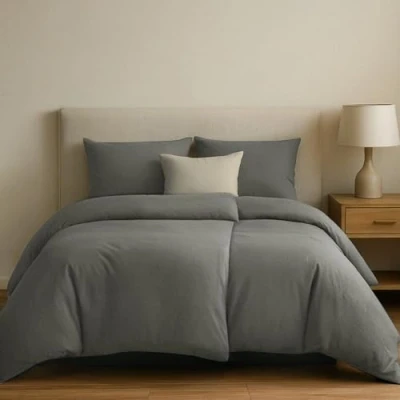 Image de Dreamzie Parure de Lit 135x200 en Coton Renforcé Gris Foncé 2X Housse Couette et Taie d Oreiller 80x80 cm Certifiée Oeko Tex 4 Pièces