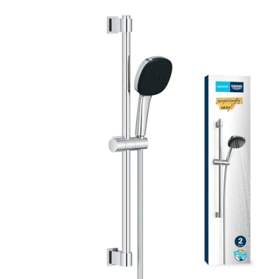 Image de GROHE Vitalio Comfort 110 Ensemble de Douche (Pommeau Cube 11cm 2 jets (Pluie/Stimulant), Barre 60cm, Flexible 1.75m), Sélection Facile, A coller avec QuickGlue ou à visser, Chromé, 26928001