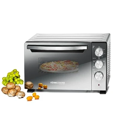 Image de ROMMELSBACHER Four Back &amp; Grill BGS 1400 Économe en énergie et efficace, volume 22 l, chambre de cuisson antiadhésive, 6 types chauffage, tournebroche, minuterie 60 min, double vitrage, argenté,