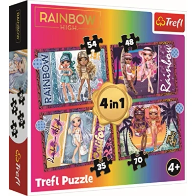 Image de Tréfl Rainbow High, Poupées à la mode Puzzle 4en1, 4 Puzzles, de 35 70 éléments Puzzles Colorés avec des Personnages Contes fées pour les Enfants Partir ans