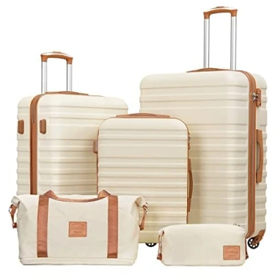 Image de COOLIFE Set de Valises Voyage Valise ABS avec Cadenas TSA Poignée télescopiq,1 Bagage Cabine Extensibles et 1 Portable Trousse Maquillage (Abricot/Blanc, 5 pièces)
