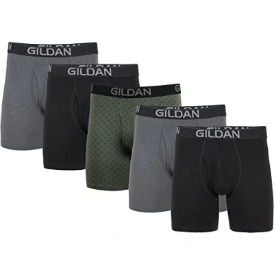 Image de Gildan Boxer en Coton Stretch Boxeur ajusté, Noir/Gris foncé chiné/Vert Minuit (Lot de 5), Homme