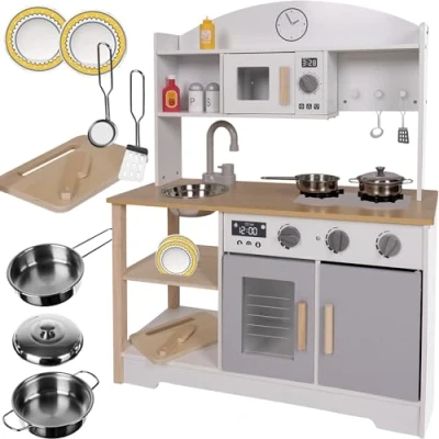 Image de KRUZZEL 21933 Évier de cuisine pour enfant en bois avec fonction sonore