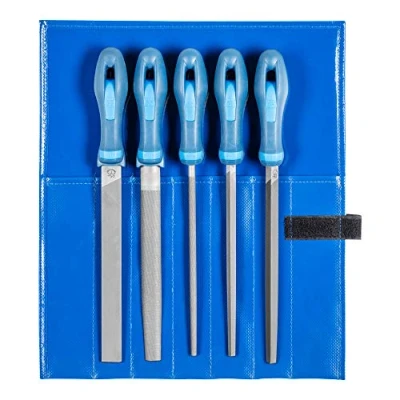 Image de Assortiment de limes d’atelier PFERD en étui PVC enroulable, 5 limes, taille croisée H1, 200 mm, 11800531 pour l’enlèvement grossier matière et le dégrossissage
