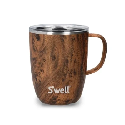 Image de S&#039;well Mug avec poignée, Bois de teck, 350ml. isotherme sous vide en Acier inoxydable couvercle coulissant Lavable au lave vaisselle