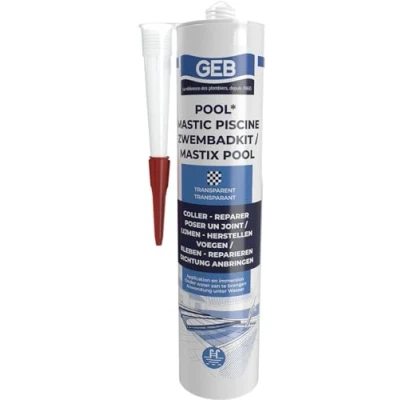 Image de GEB Mastic étanche spécial piscine Transparent 290 ml pour coller, jointoyer et réparer même sous l&#039;eau des éléments de piscine, carrelage, mosaïque, margelle, projecteur, bonde
