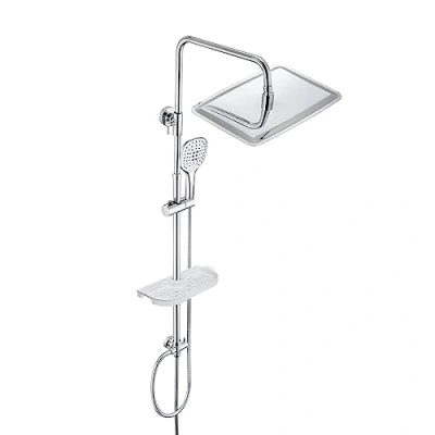 Image de JOHO Inox 304 Colonne de Douche sans Robinet Système Réglable en Hauteur avec Étagère Ensemble Pluie Chrome Set Pommeau 35x25cm