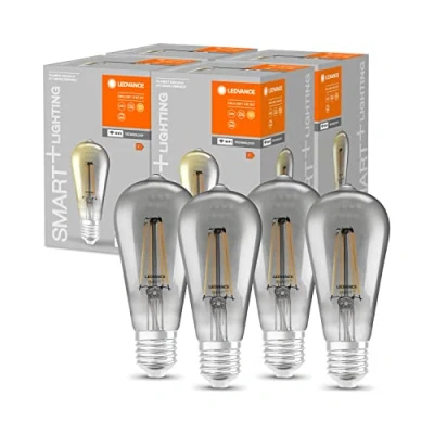 Image de LEDVANCE Ampoule LED intelligente avec Wifi, culot E27, gradable, blanc chaud (2500K), forme Edison, filament clair dans un verre fumé, rempl. des ampoules de 44W, paquet 4