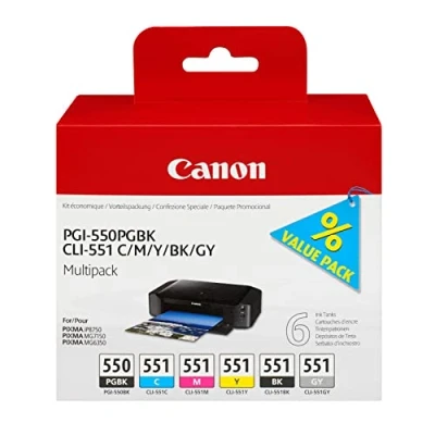 Image de Canon PGI 550/CLI 551 Cartouches PGBK/C/M/Y/BK/GY Multipack Noire Pigmenté, Cyan, Magenta, Jaune, Noir, Gris (Multipack plastique)