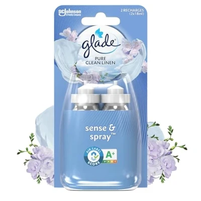 Image de Glade Sense &amp; Spray Recharge Duopack Diffuseur à Détection de Mouvement Infusé Aux Huiles Essentielles Jusqu&#039;à 2 Mois Parfum Pure Clean Linen Recharges