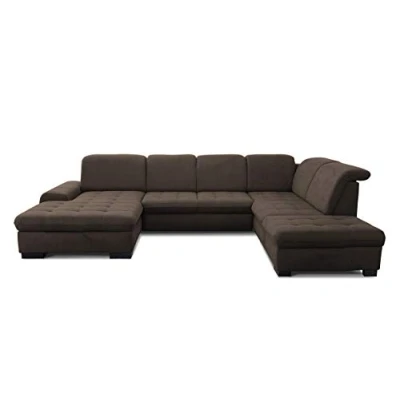 Image de CAVADORE Lexi Canapé en U avec Méridienne XXL, Lit, Tiroir De Espace Rangement Et Têtière, Élimination des Taches Aisée Soft Clean, 329 x 82 99 224 cm, Tissu Plat : Marron