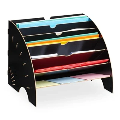 Image de Relaxdays Rangement Documents, 6 Compartiments, Format A4, HxLxP: 27x34x27 cm, Bureau et école, Organiseur, MDF, Noir