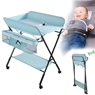 Image de Table à Langer Pliable,Station portable,Table Pliable et Portable avec Panier de Rangement Côté Charge Maximale 25 kg(bleu)