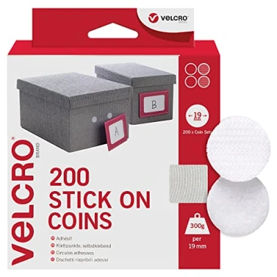 Image de VELCRO Brand Stick On Coins Double Sided Hook &amp; Loop Self Adhesive Sticky Perfect for Room Décor Home, Office, Garage Use White 19mm x Pack of 200, VEL 91824 WEU