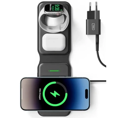 Image de INIU Chargeur à Induction 3 en 1 pour MagSafe, sans Fil Compact, Pliable Station de Charge iPhone 15 Pro Max 14 13 12, Apple Watch Series 9 8 7 6 5 4 SE Ultra, AirPods 2