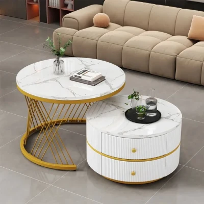 Image de Table basse salon Lot de 2,Rangement 2 tiroirs,Tables basses gigognes rond 60x60x46+ 50x50x31cm Doré blanc