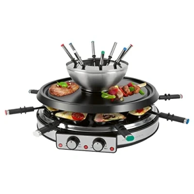 Image de ProfiCook 1245 raclette fondue à électrique 2 en 1 avec kit spatule, poêle, fourchettes pierre naturelle, également pour au fromage et chocolat, RG/FD