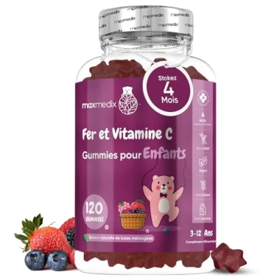 Image de Gummies Fer avec Vitamine C 120 Enfant (4mois) de 3 à 12 ans Acide Ascorbique &amp; Sans Allergènes Cure Fatigue, Os, Croissance Immunité
