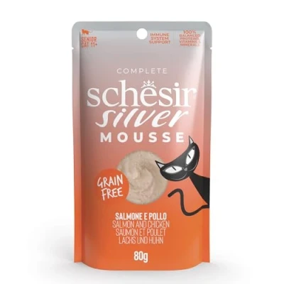 Image de Schesir Silver, Saveur Saumon en Mousse, Aliments humides complètes pour Chats âgés (enveloppes 12 de 70 g)